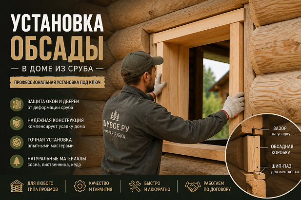 Установка обсады прямоугольного окна в доме из бревна ручной рубки  (1 проем)