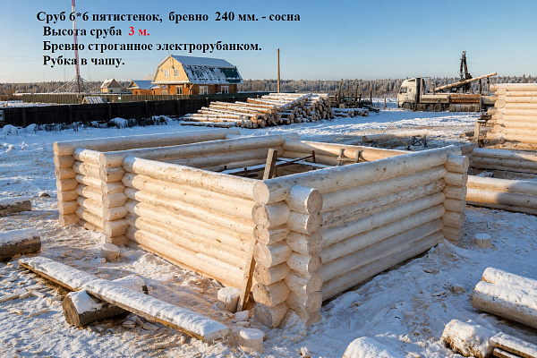Сруб 6×6 пятистенок из бревна ручной рубки. Высота сруба  3 м,  диаметр бревна в срубе 240 мм.